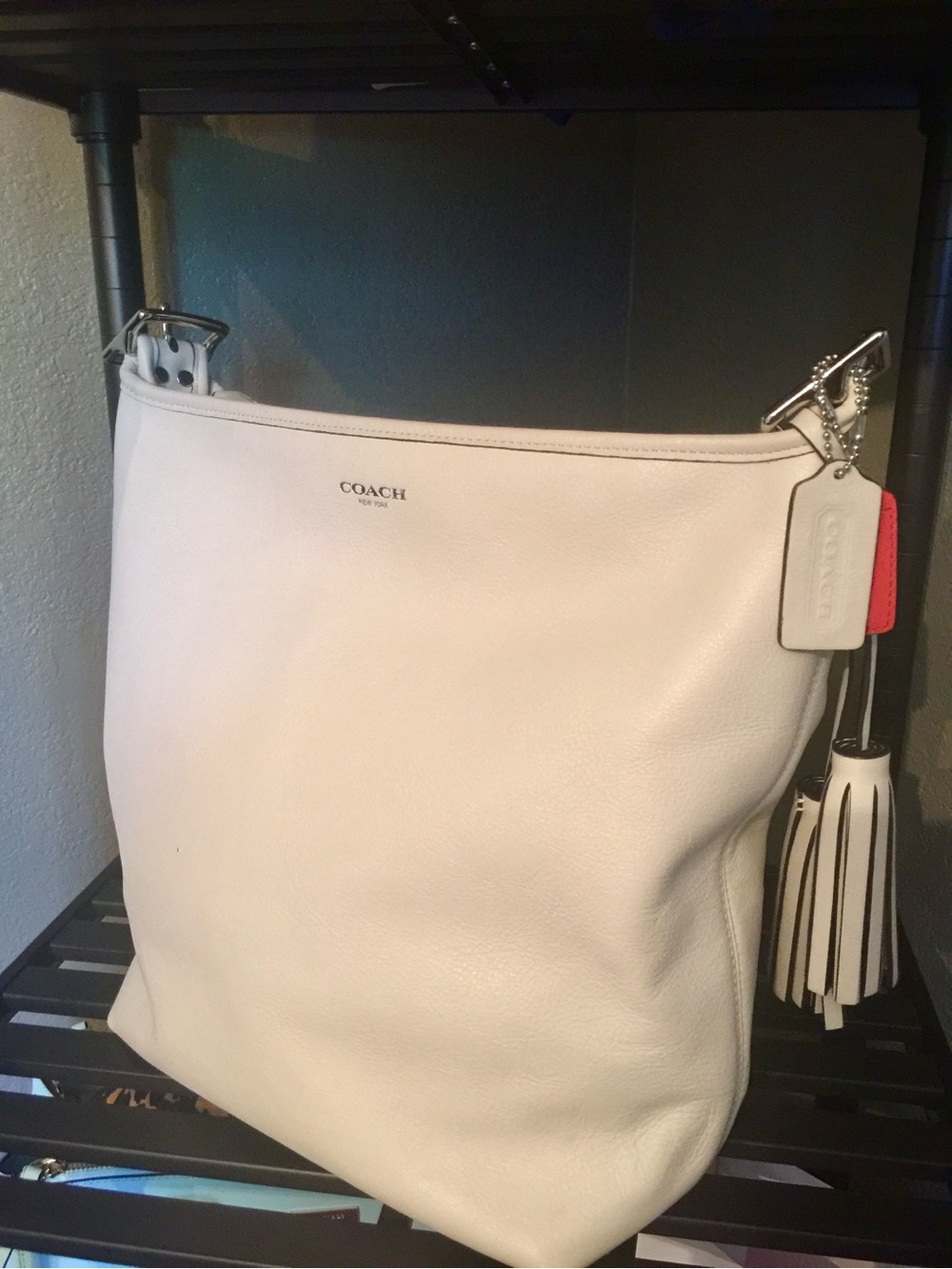 Coach White Leather Shoulder Hobo with Tassel Charm